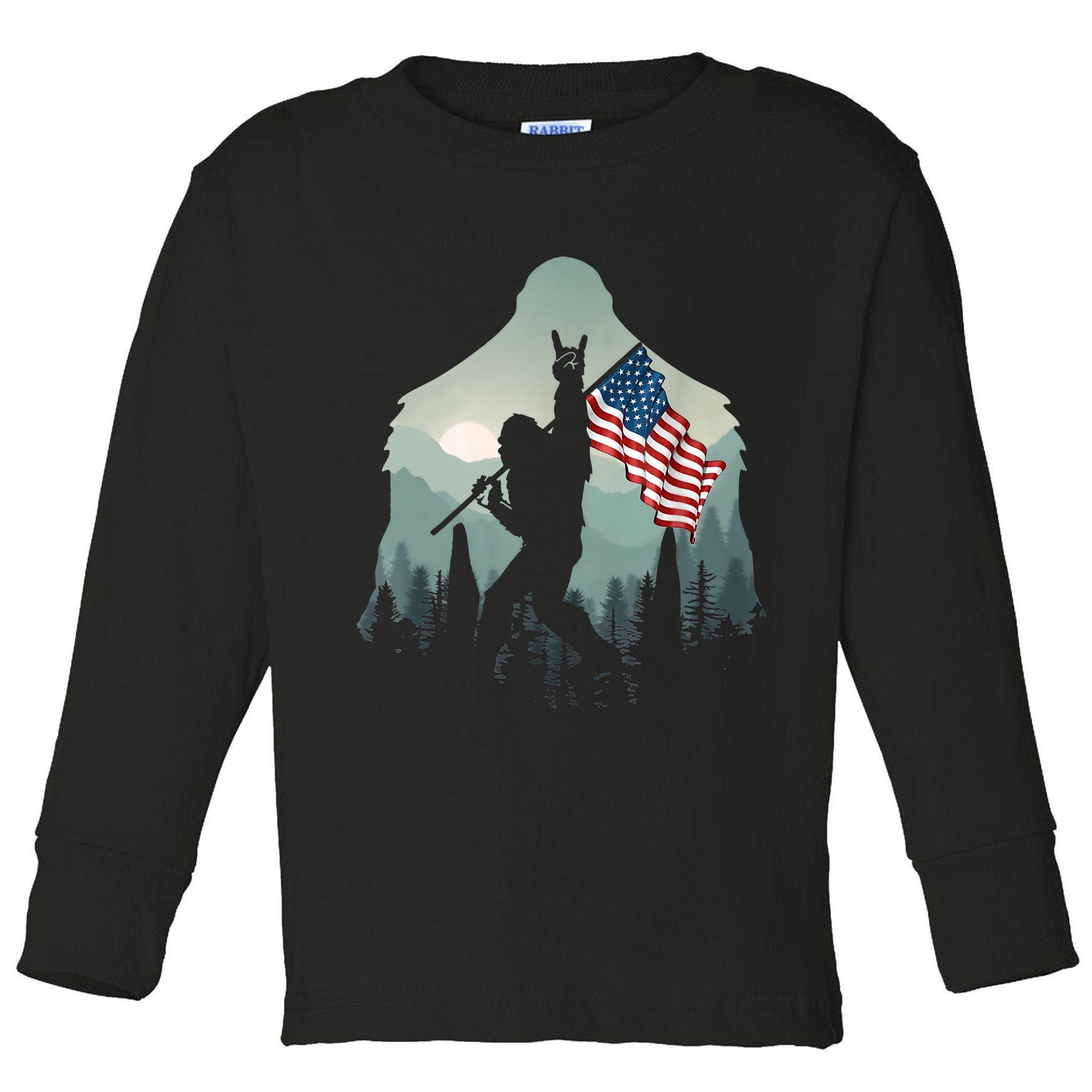 Funny Bigfoot Sasquatch Rock And Roll American Flags Tee Toddler Long Sleeve Shirt