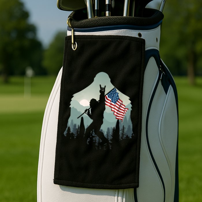Funny Bigfoot Sasquatch Rock And Roll American Flags Tee Golf Towel