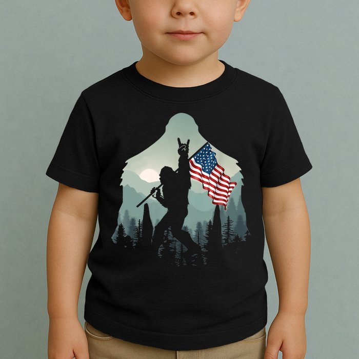 Funny Bigfoot Sasquatch Rock And Roll American Flags Tee Toddler T-Shirt