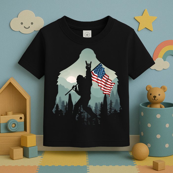 Funny Bigfoot Sasquatch Rock And Roll American Flags Tee Toddler T-Shirt