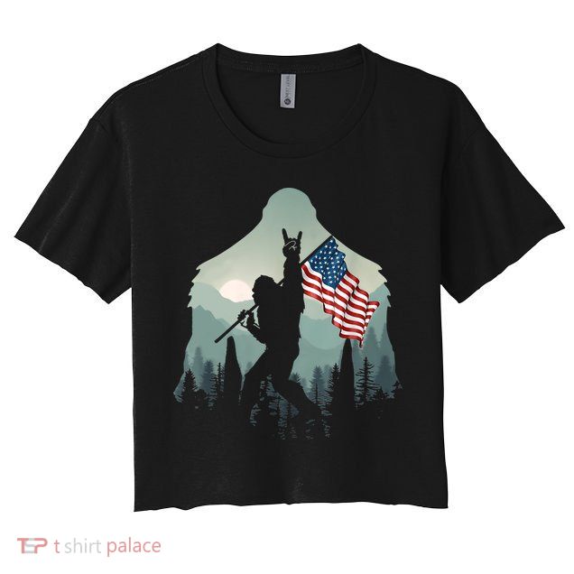 Funny Bigfoot Sasquatch Rock And Roll American Flags Tee Crop Top