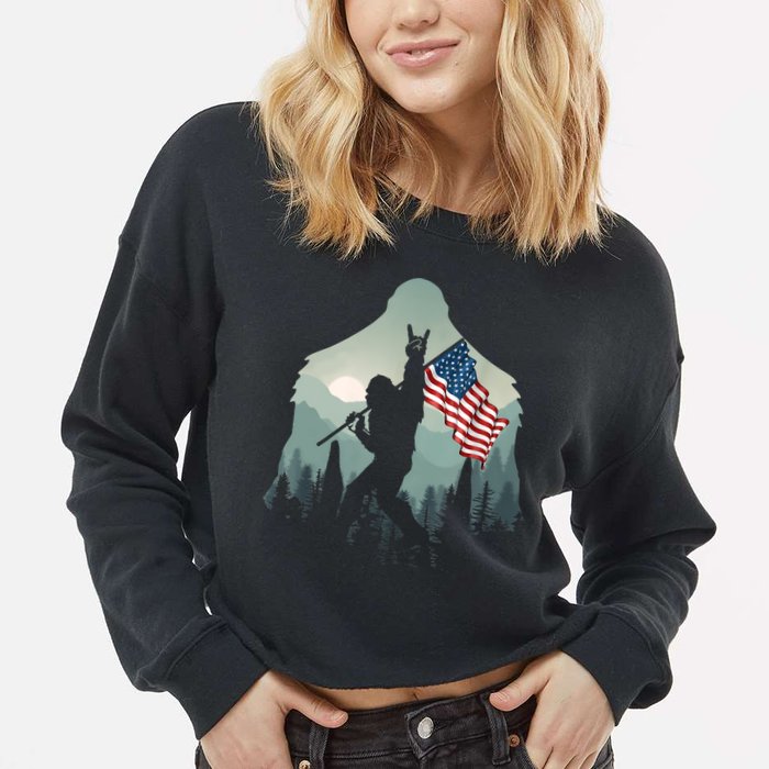 Funny Bigfoot Sasquatch Rock And Roll American Flags Tee Cropped Pullover Crew