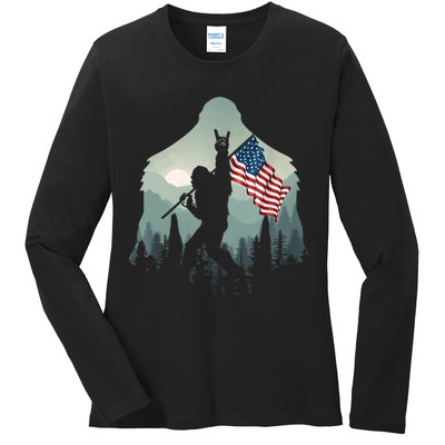 Funny Bigfoot Sasquatch Rock And Roll American Flags Tee Ladies Long Sleeve Shirt
