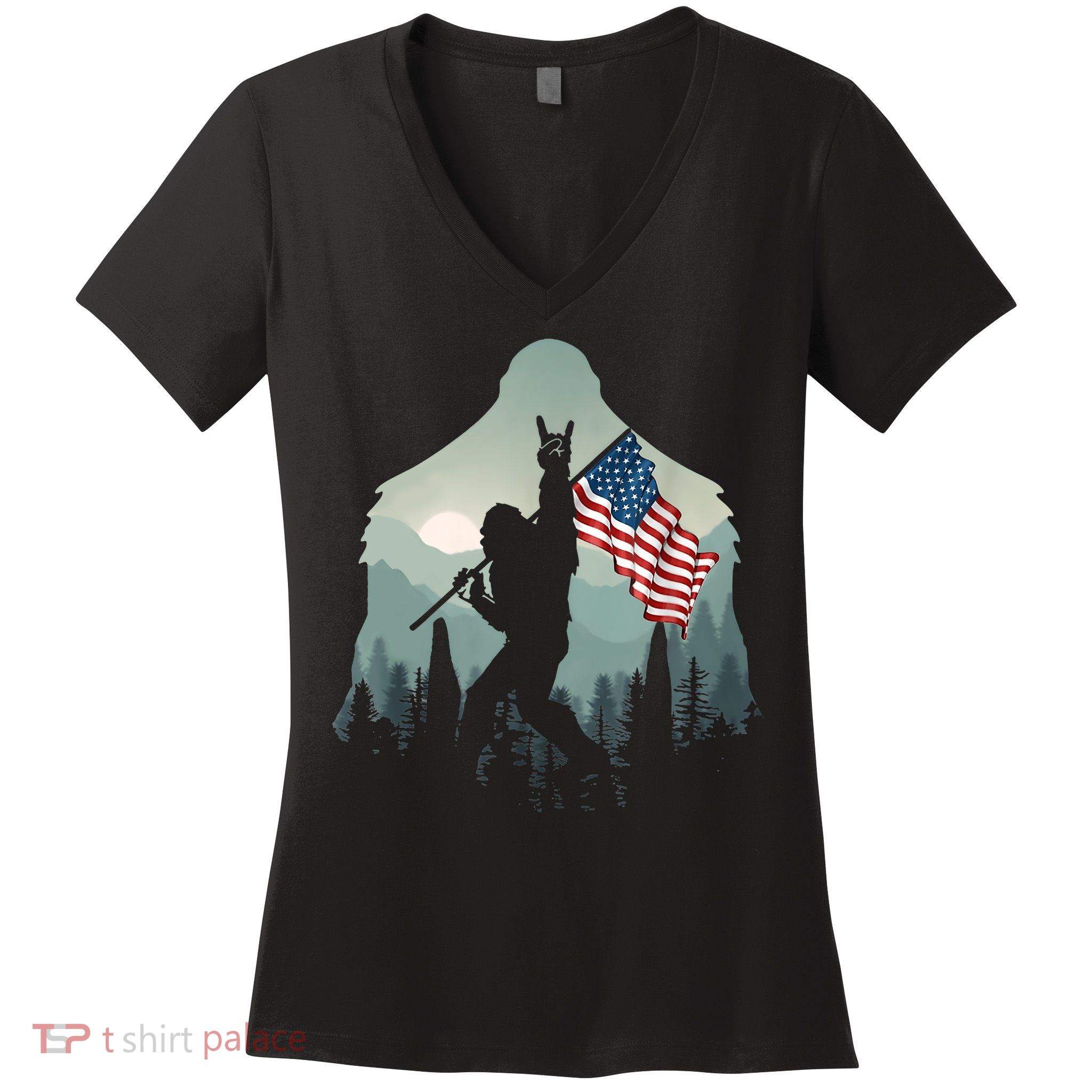Funny Bigfoot Sasquatch Rock And Roll American Flags Tee Women's V-Neck T-Shirt