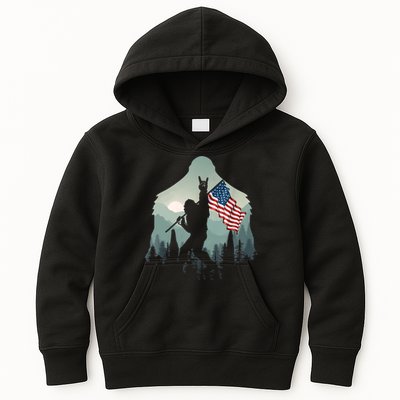 Funny Bigfoot Sasquatch Rock And Roll American Flags Tee Kids Hoodie