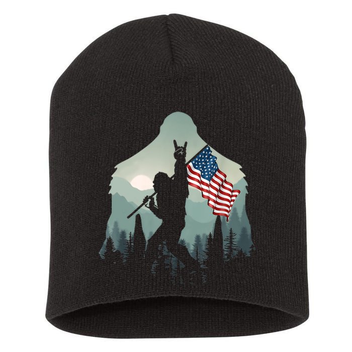 Funny Bigfoot Sasquatch Rock And Roll American Flags Tee Short Acrylic Beanie