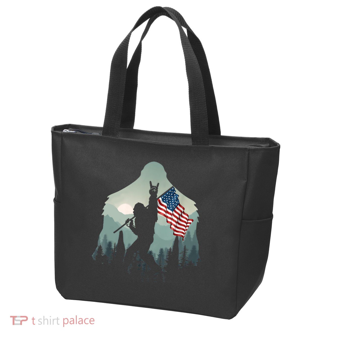 Funny Bigfoot Sasquatch Rock And Roll American Flags Tee Zip Tote Bag