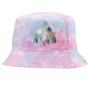 Funny Bigfoot Sasquatch Rock And Roll American Flags Tee Tie-Dyed Bucket Hat