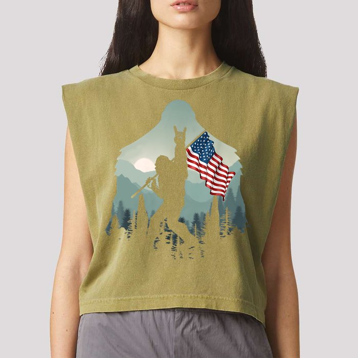 Funny Bigfoot Sasquatch Rock And Roll American Flags Tee Garment-Dyed Women's Muscle Tee