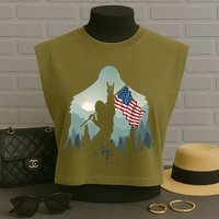 Funny Bigfoot Sasquatch Rock And Roll American Flags Tee Garment-Dyed Women's Muscle Tee