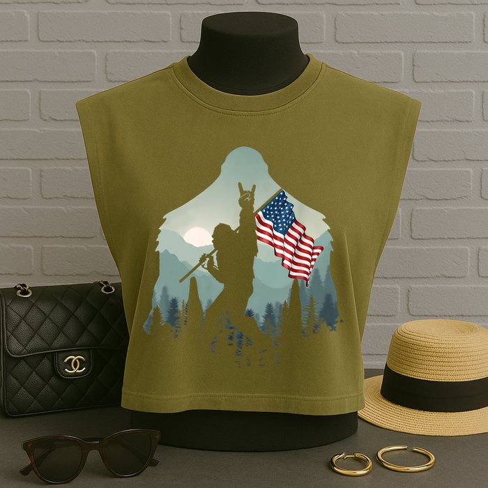 Funny Bigfoot Sasquatch Rock And Roll American Flags Tee Garment-Dyed Women's Muscle Tee