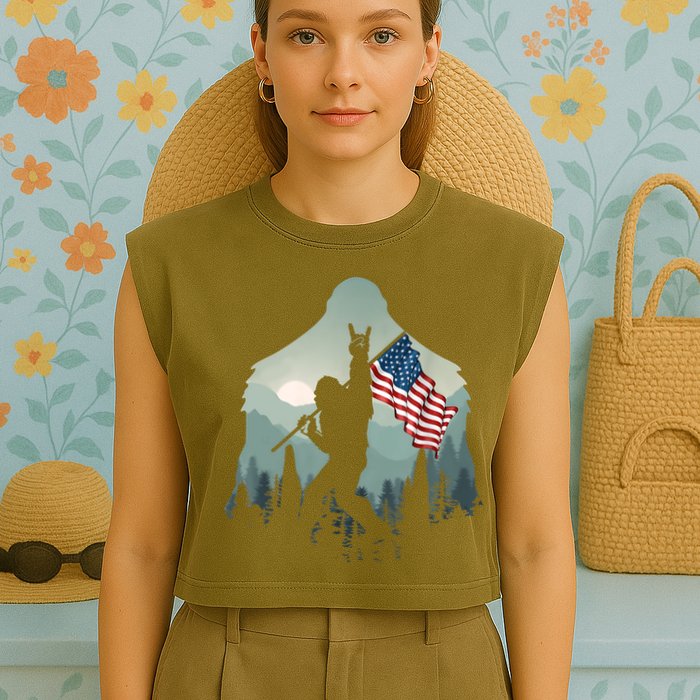 Funny Bigfoot Sasquatch Rock And Roll American Flags Tee Garment-Dyed Women's Muscle Tee