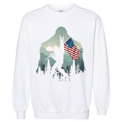 Funny Bigfoot Sasquatch Rock And Roll American Flags Tee Garment-Dyed Sweatshirt