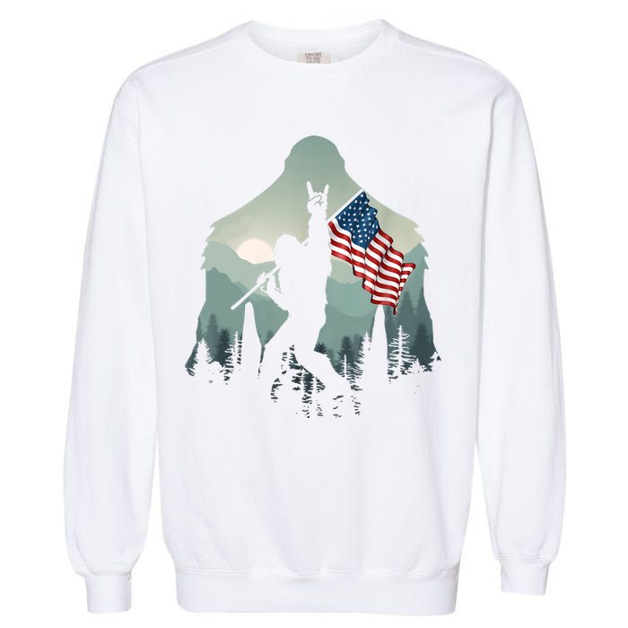 Funny Bigfoot Sasquatch Rock And Roll American Flags Tee Garment-Dyed Sweatshirt