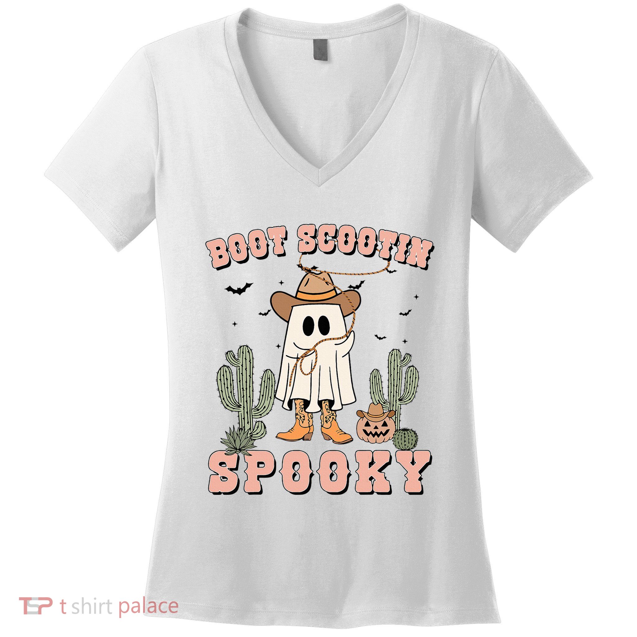 Funny Boot Scootin Spooky Cowboy Ghost Halloween Women's V-Neck T-Shirt
