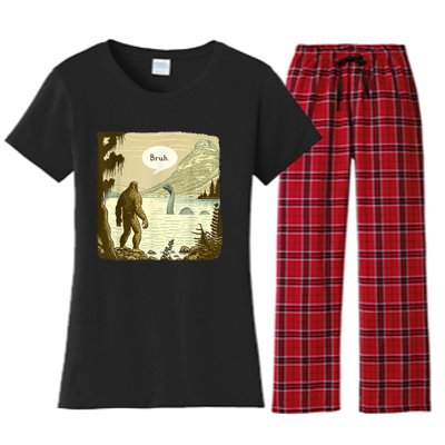 Funny Bigfoot Sasquatch Loch Ness Monster Introvert Bruh Women's Flannel Pajama Set