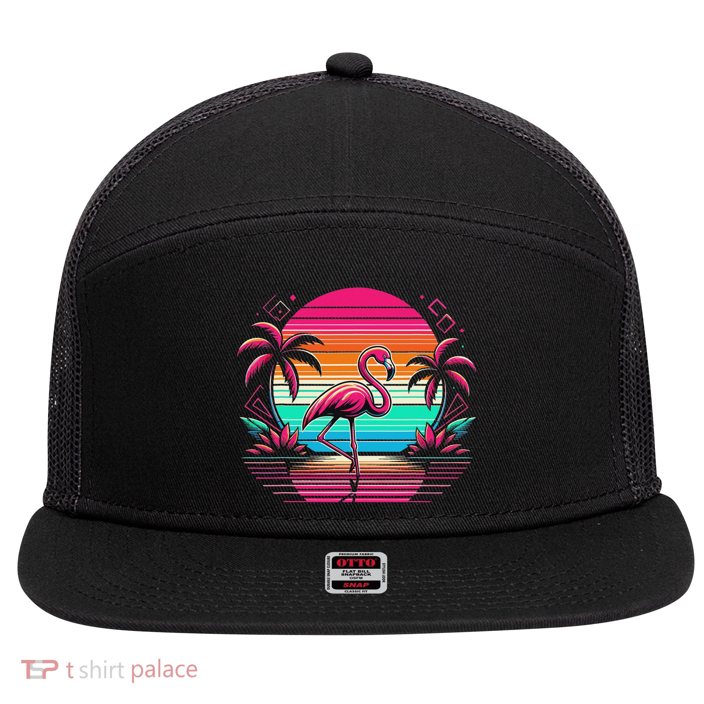 Flamingo Beach Summer Vibes Palm Tree Tropical Summer 7 Panel Mesh Trucker Snapback Hat