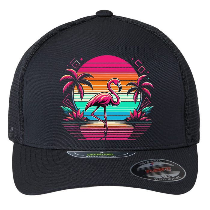 Flamingo Beach Summer Vibes Palm Tree Tropical Summer Flexfit Unipanel Trucker Cap