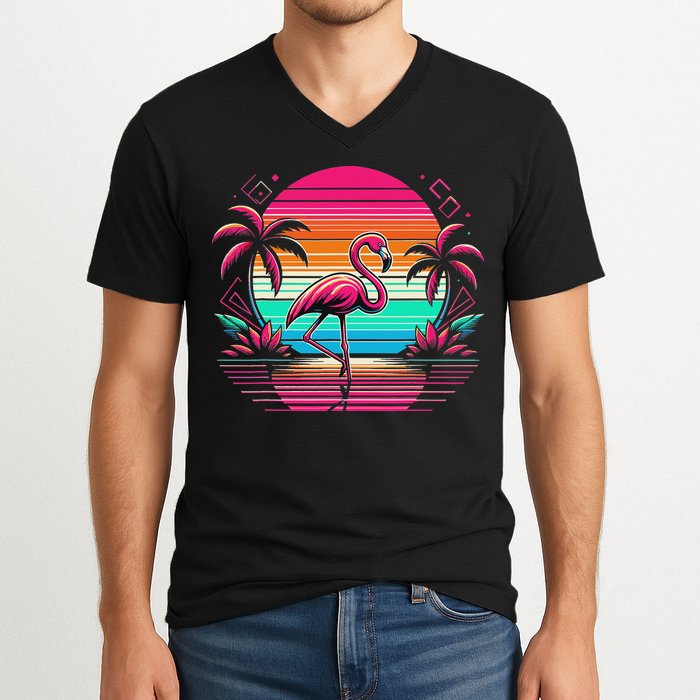 Flamingo Beach Summer Vibes Palm Tree Tropical Summer V-Neck T-Shirt