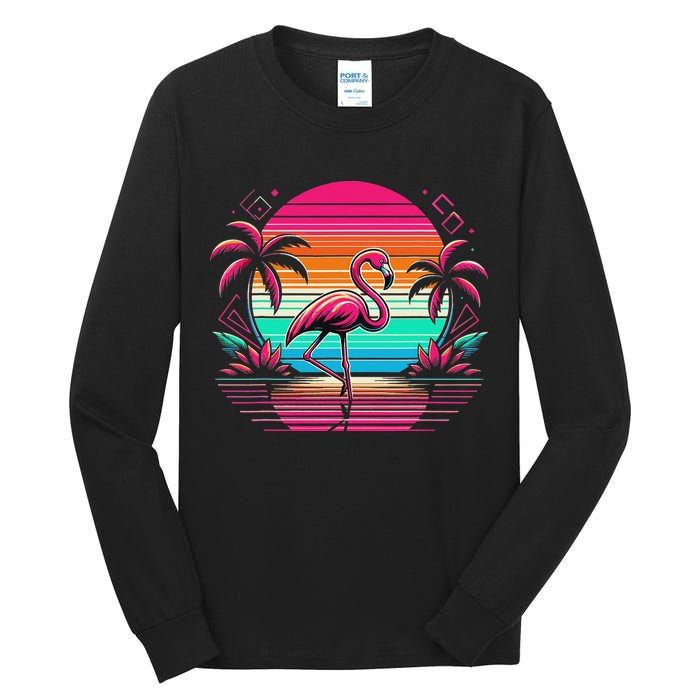 Flamingo Beach Summer Vibes Palm Tree Tropical Summer Tall Long Sleeve T-Shirt