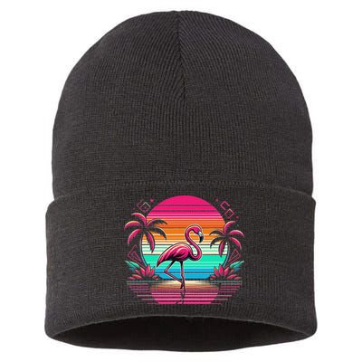 Flamingo Beach Summer Vibes Palm Tree Tropical Summer Sustainable Knit Beanie