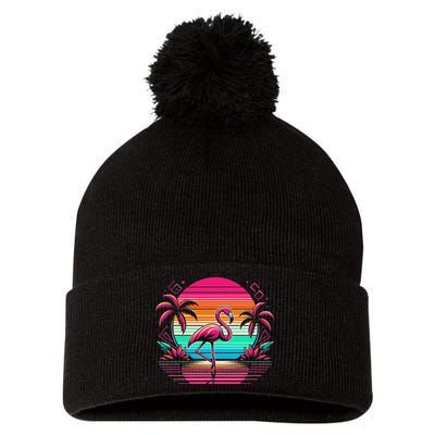Flamingo Beach Summer Vibes Palm Tree Tropical Summer Pom Pom 12in Knit Beanie