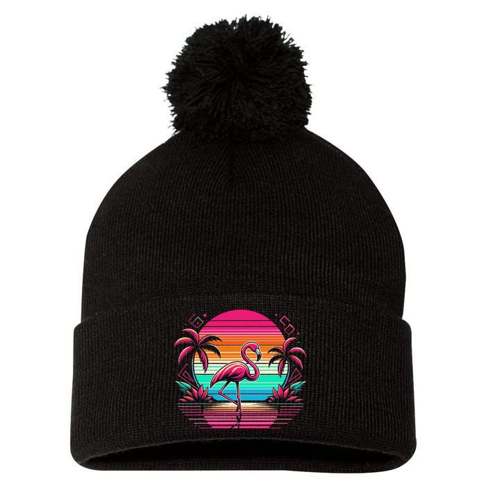Flamingo Beach Summer Vibes Palm Tree Tropical Summer Pom Pom 12in Knit Beanie