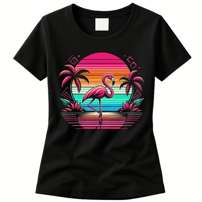 Flamingo Beach Summer Vibes Palm Tree Tropical Summer Womens T-Shirt