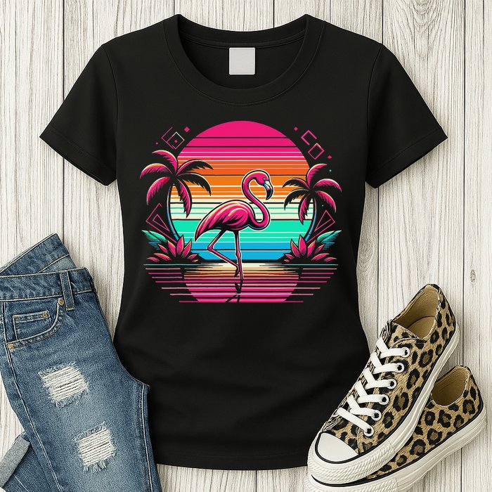 Flamingo Beach Summer Vibes Palm Tree Tropical Summer Womens T-Shirt