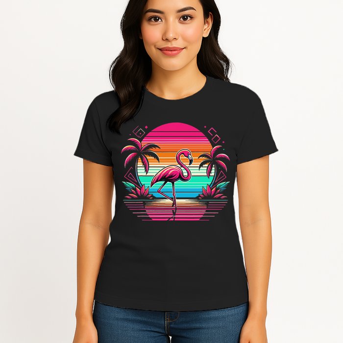 Flamingo Beach Summer Vibes Palm Tree Tropical Summer Womens T-Shirt