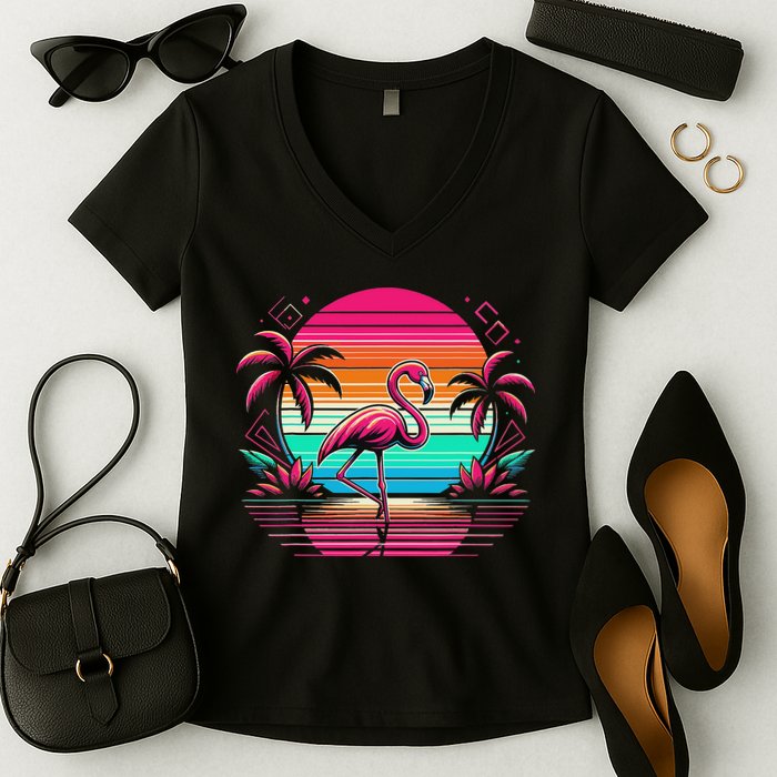 Flamingo Beach Summer Vibes Palm Tree Tropical Summer Women's V-Neck T-Shirt