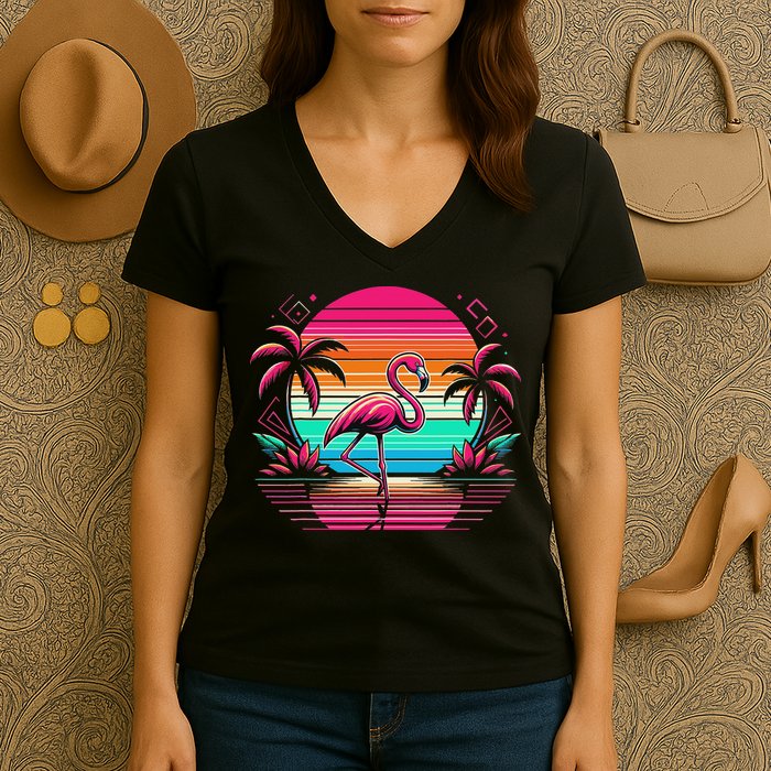 Flamingo Beach Summer Vibes Palm Tree Tropical Summer Women's V-Neck T-Shirt