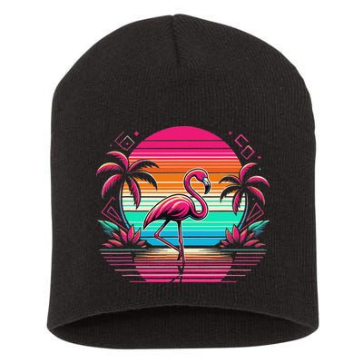 Flamingo Beach Summer Vibes Palm Tree Tropical Summer Short Acrylic Beanie