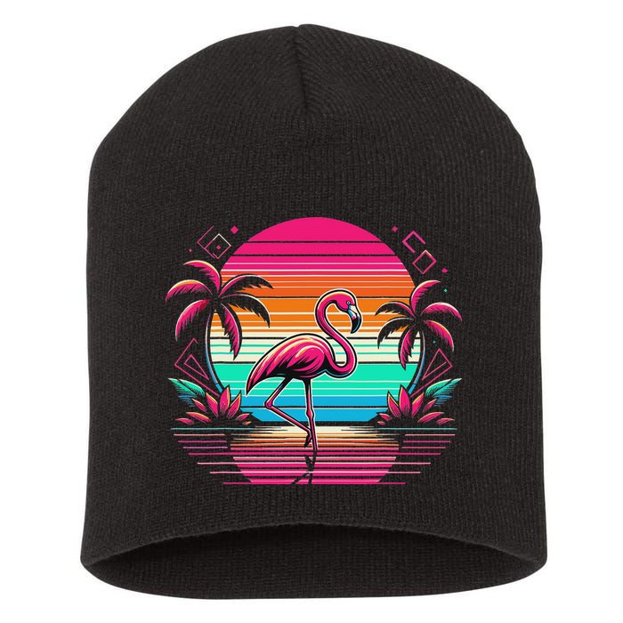 Flamingo Beach Summer Vibes Palm Tree Tropical Summer Short Acrylic Beanie
