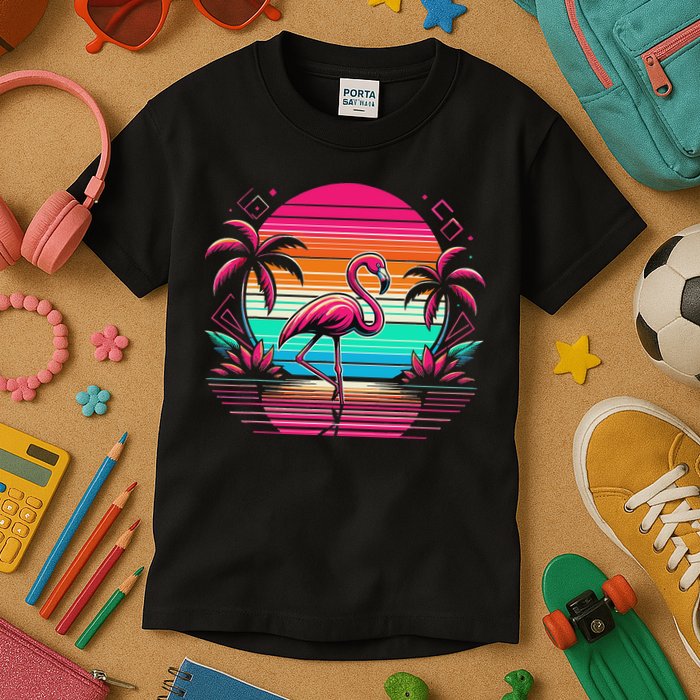 Flamingo Beach Summer Vibes Palm Tree Tropical Summer Kids T-Shirt