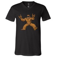 Funny Bigfoot Sasquatch Graphic Rock On V-Neck T-Shirt