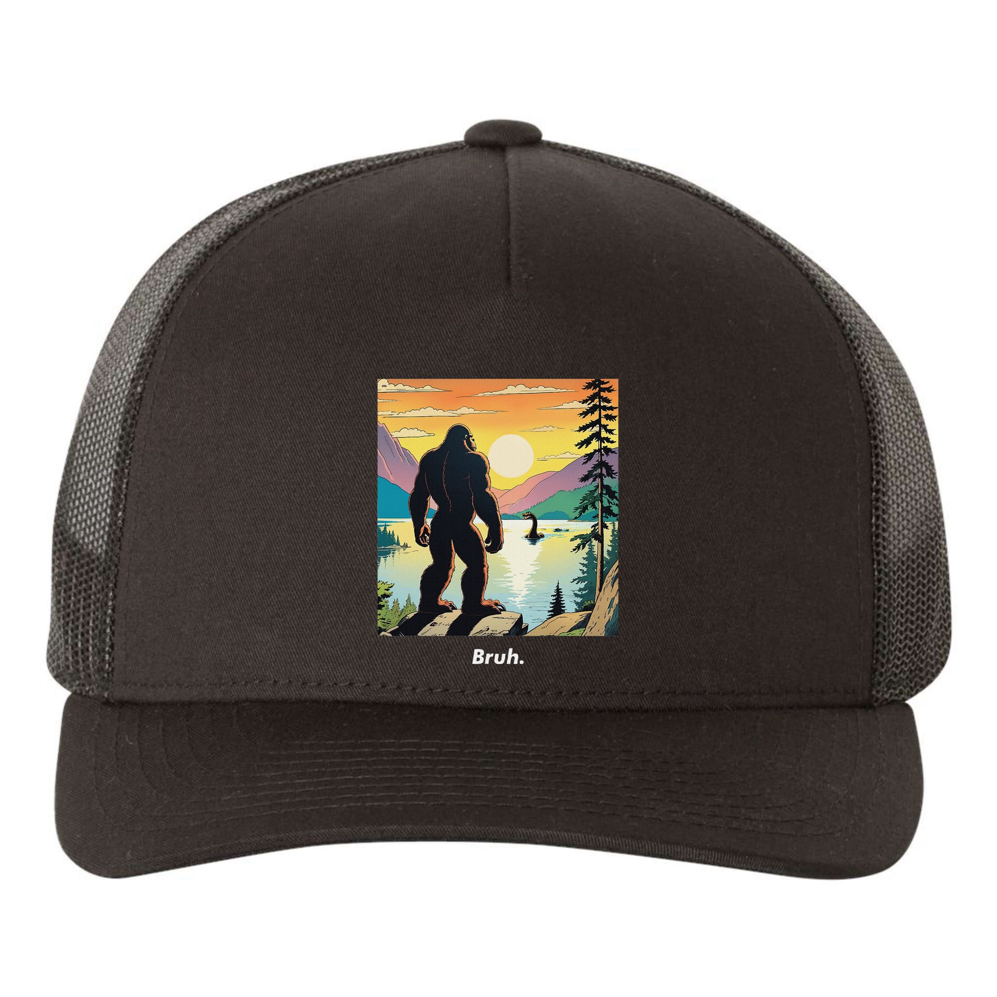Funny Bigfoot Sasquatch Loch Ness Monster Bruh Yupoong Adult 5-Panel Trucker Hat