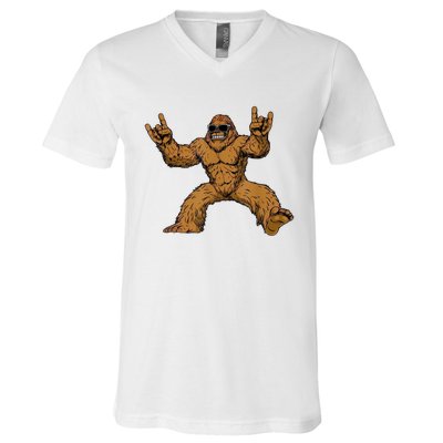 Funny Bigfoot Sasquatch Graphic Rock On V-Neck T-Shirt