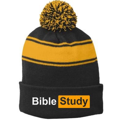 Funny Bible Study Hub Logo Sarcastic Adult Humor Stripe Pom Pom Beanie