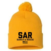FRONT & BACK Search And Rescue American Flag SAR Team Pom Pom 12in Knit Beanie