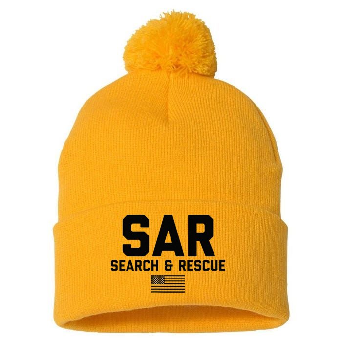 FRONT & BACK Search And Rescue American Flag SAR Team Pom Pom 12in Knit Beanie