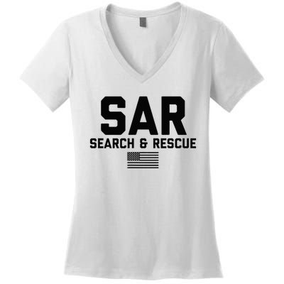 FRONT & BACK Search And Rescue American Flag SAR Team Women's V-Neck T-Shirt