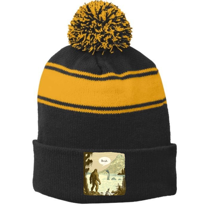Funny Bigfoot Sasquatch Loch Ness Monster Introvert Bruh Stripe Pom Pom Beanie