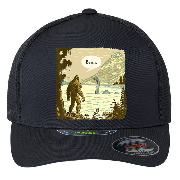 Funny Bigfoot Sasquatch Loch Ness Monster Introvert Bruh Flexfit Unipanel Trucker Cap