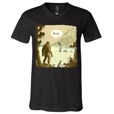 Funny Bigfoot Sasquatch Loch Ness Monster Introvert Bruh V-Neck T-Shirt