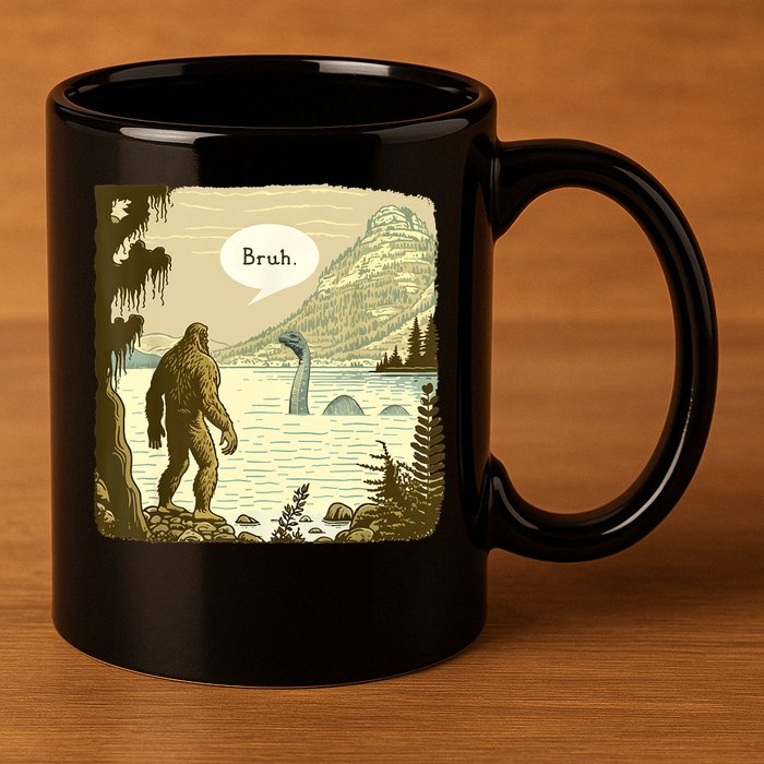 Funny Bigfoot Sasquatch Loch Ness Monster Introvert Bruh 11oz C Handle Ceramic Mug