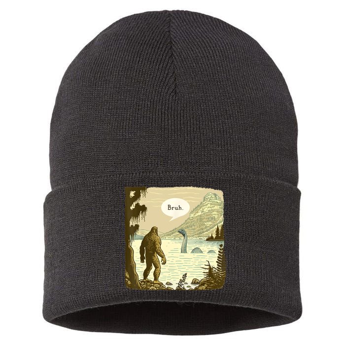 Funny Bigfoot Sasquatch Loch Ness Monster Introvert Bruh Sustainable Knit Beanie