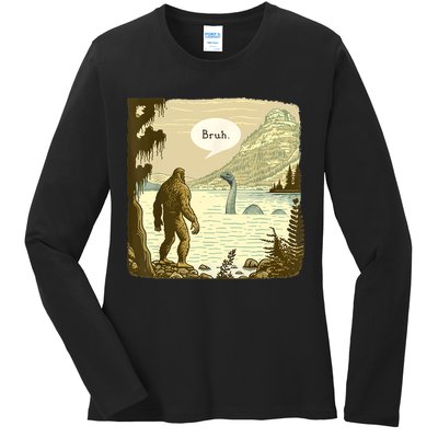 Funny Bigfoot Sasquatch Loch Ness Monster Introvert Bruh Ladies Long Sleeve Shirt