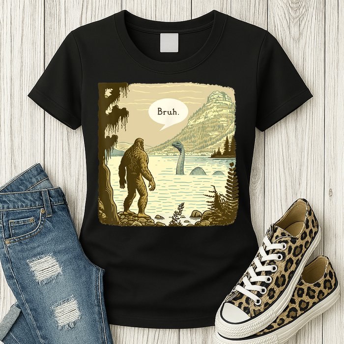 Funny Bigfoot Sasquatch Loch Ness Monster Introvert Bruh Womens T-Shirt