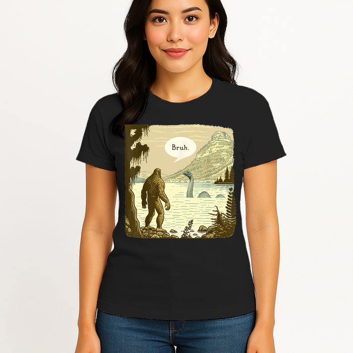 Funny Bigfoot Sasquatch Loch Ness Monster Introvert Bruh Womens T-Shirt